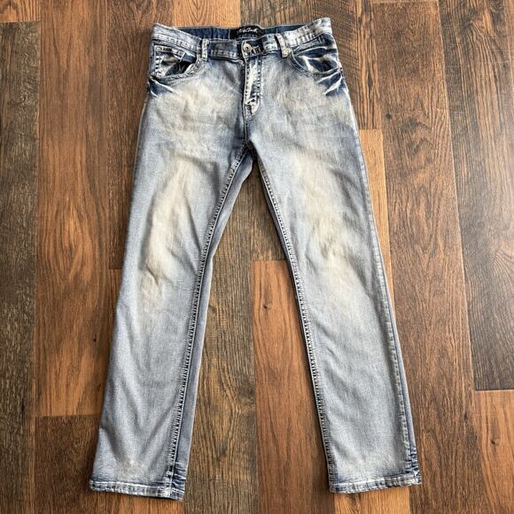 True Luck Mens Jeans 32x32 Straight Leg Blue Denim Distressed Faded Wash - Picture 1 of 9
